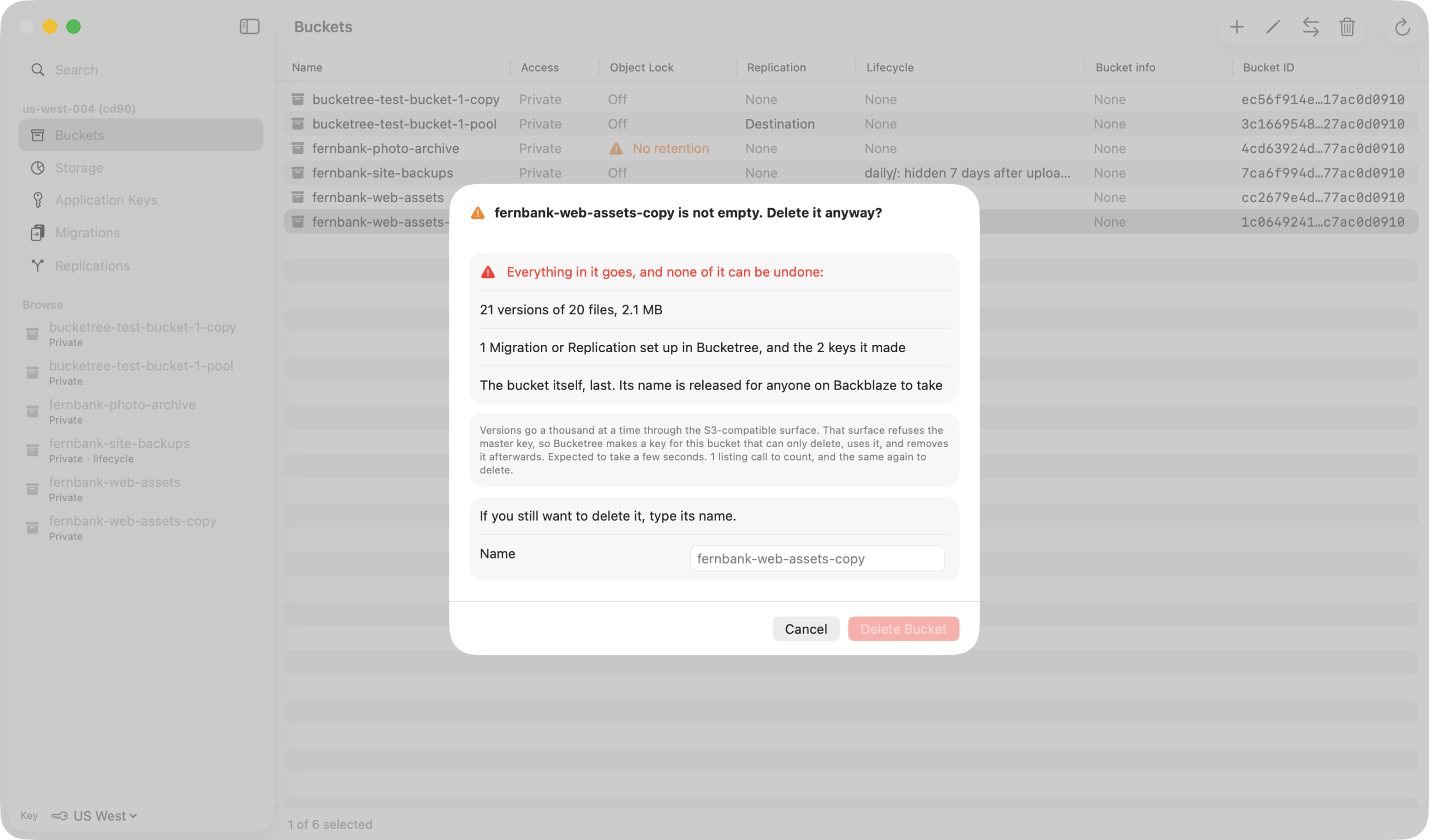 The confirmation for a bucket that is not empty: the list of what goes, and the name to type.