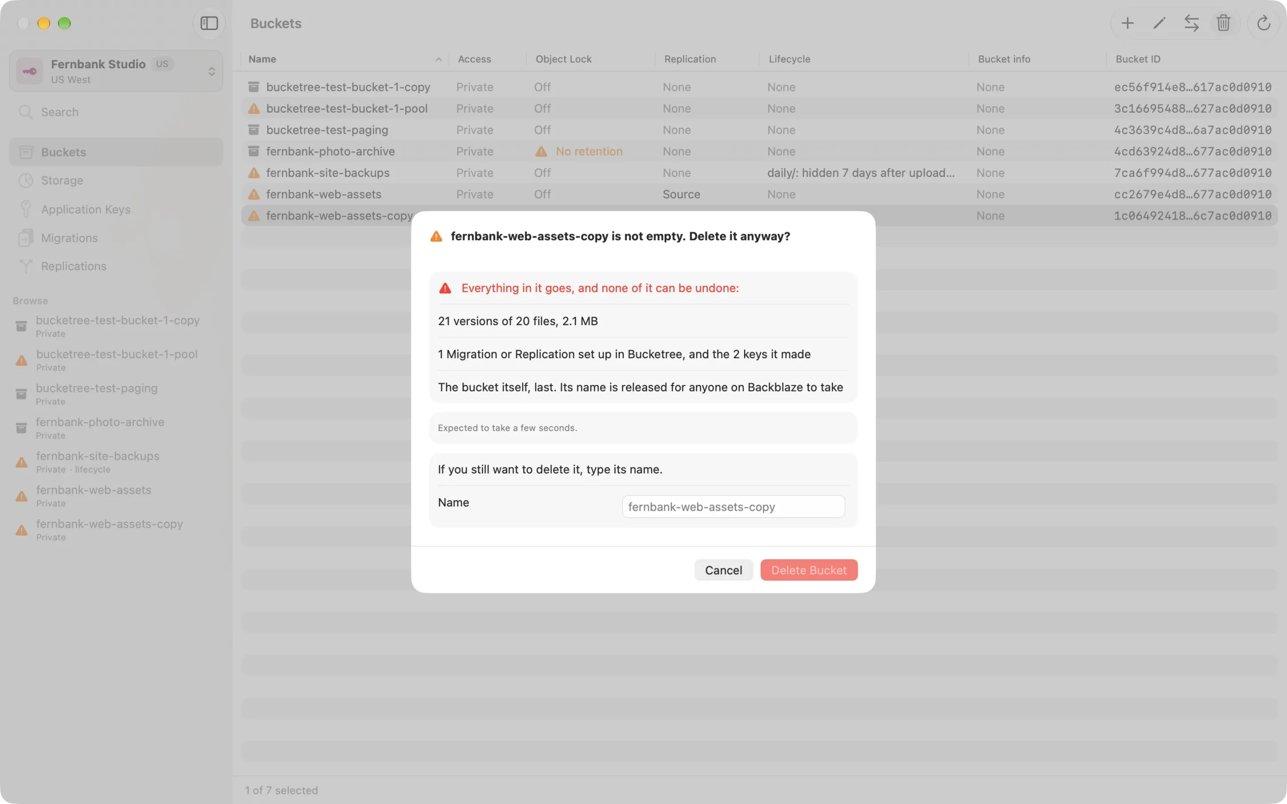 bulk-delete The confirmation for a bucket that is not empty: the list of what goes, and the name to type.