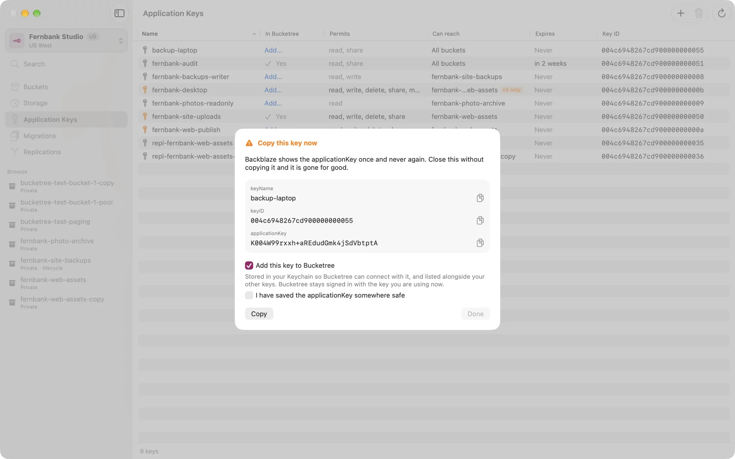 created-key A newly created application key, shown once