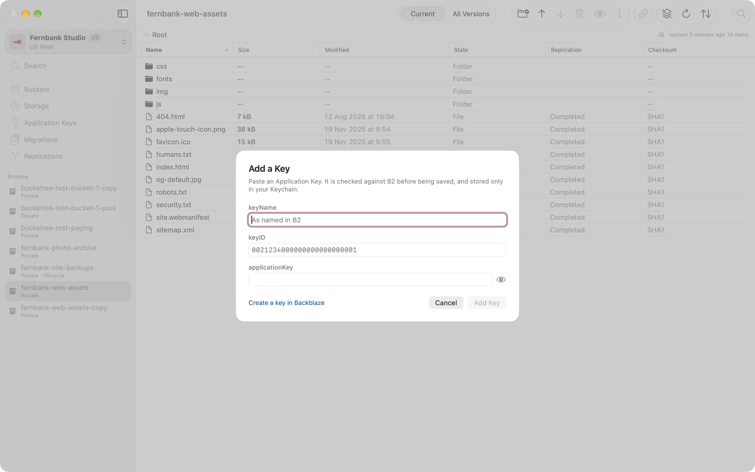 first-run Adding a Backblaze B2 application key to Bucketree for the first time