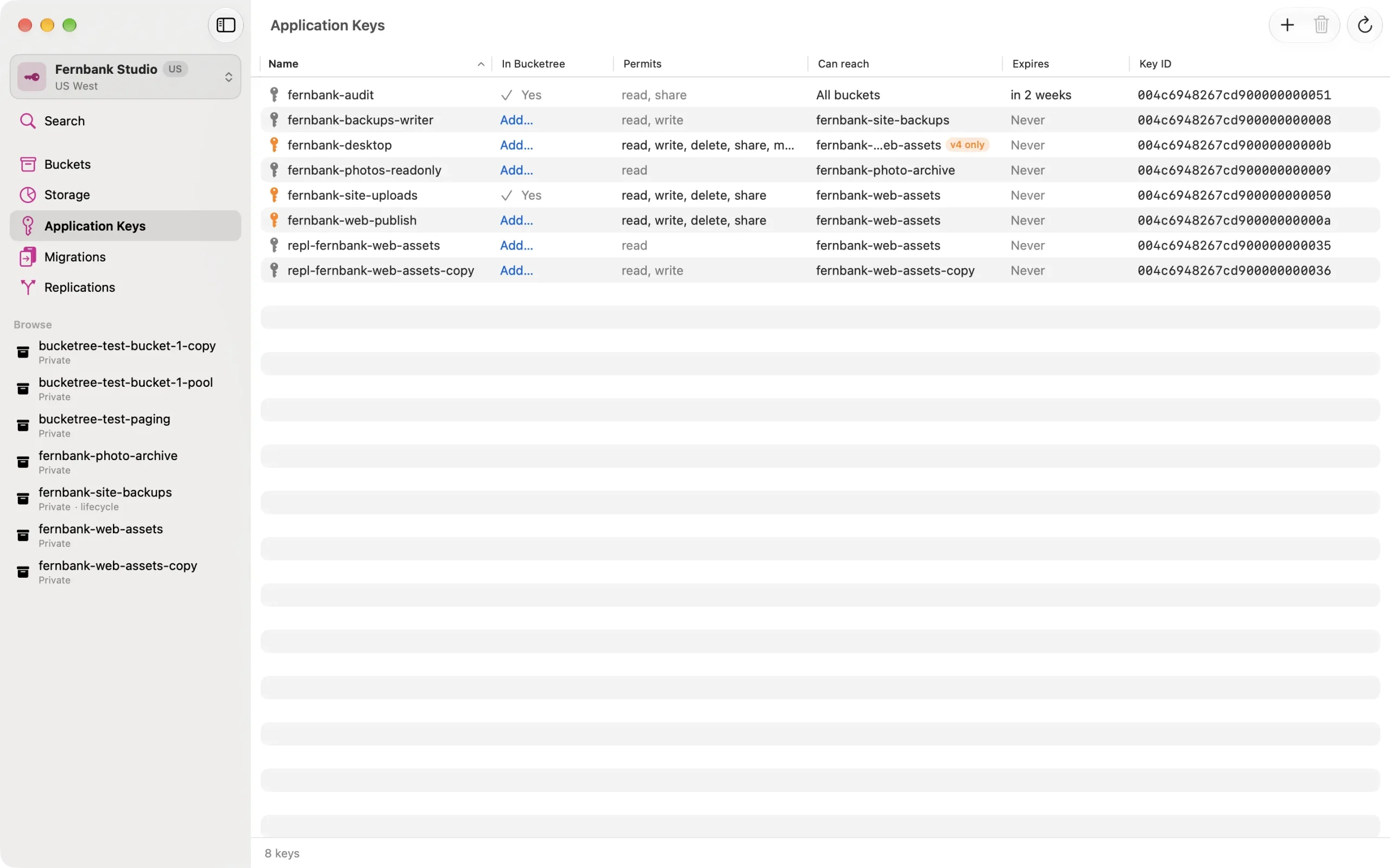 bucketree-keys-pane The Application Keys pane in Bucketree, listing keys with what each permits and which buckets it can reach