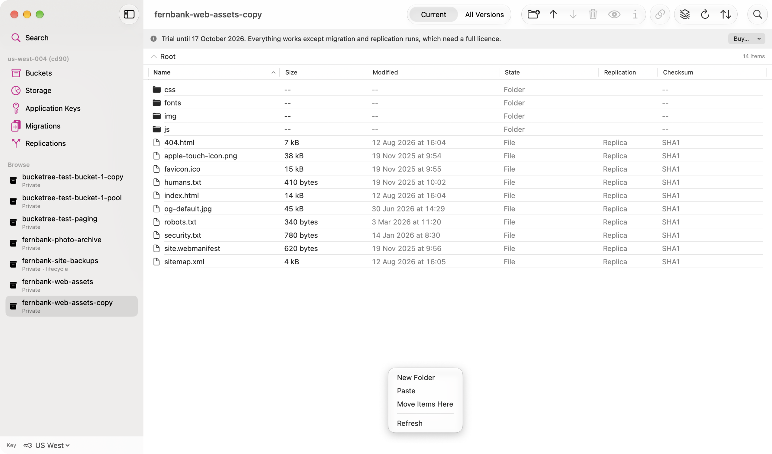 listing-paste-menu A bucket's right-click menu in Bucketree with Paste and Move Items Here.