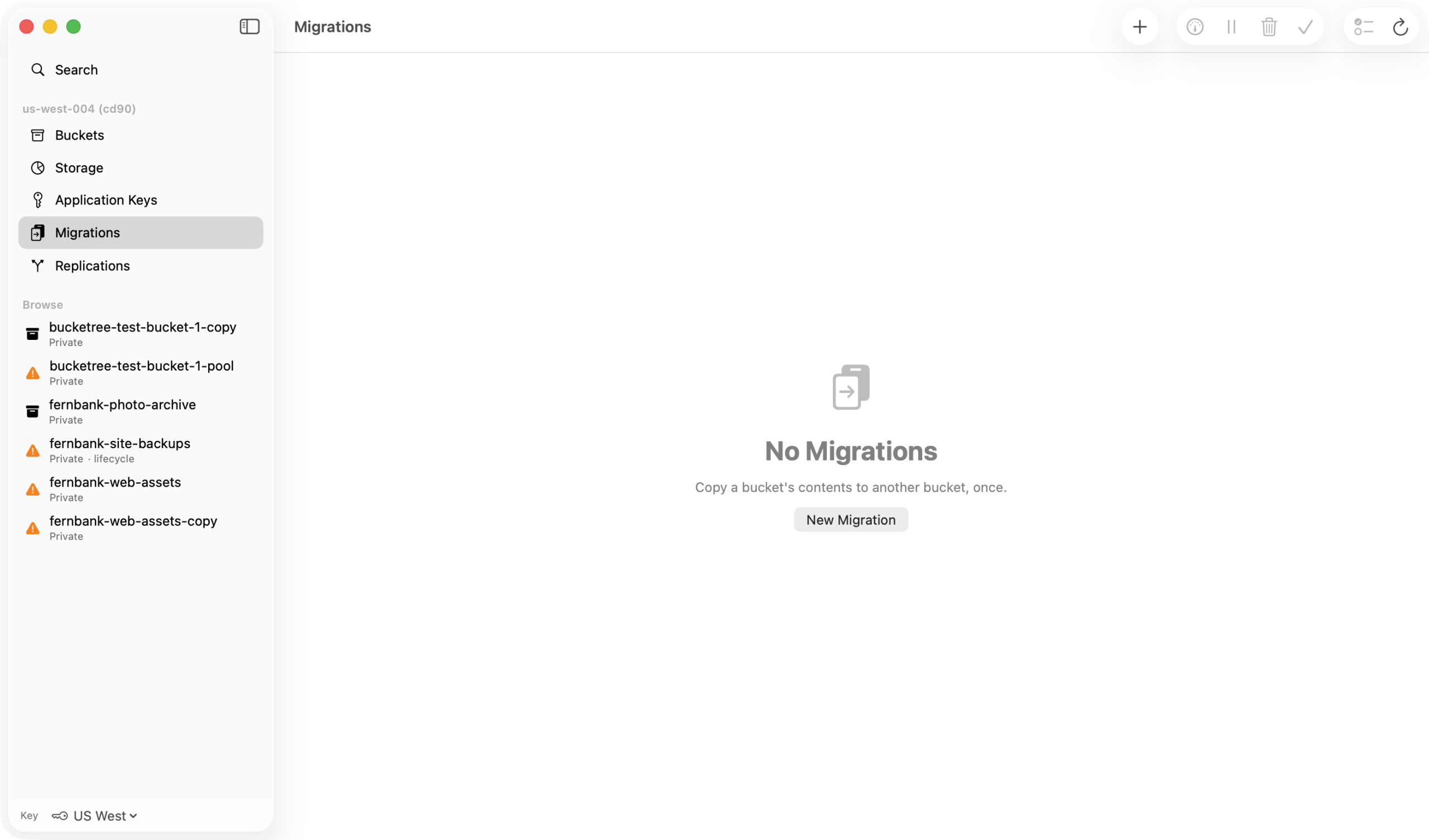 The Migrations pane before any job exists, with New Migration ready.