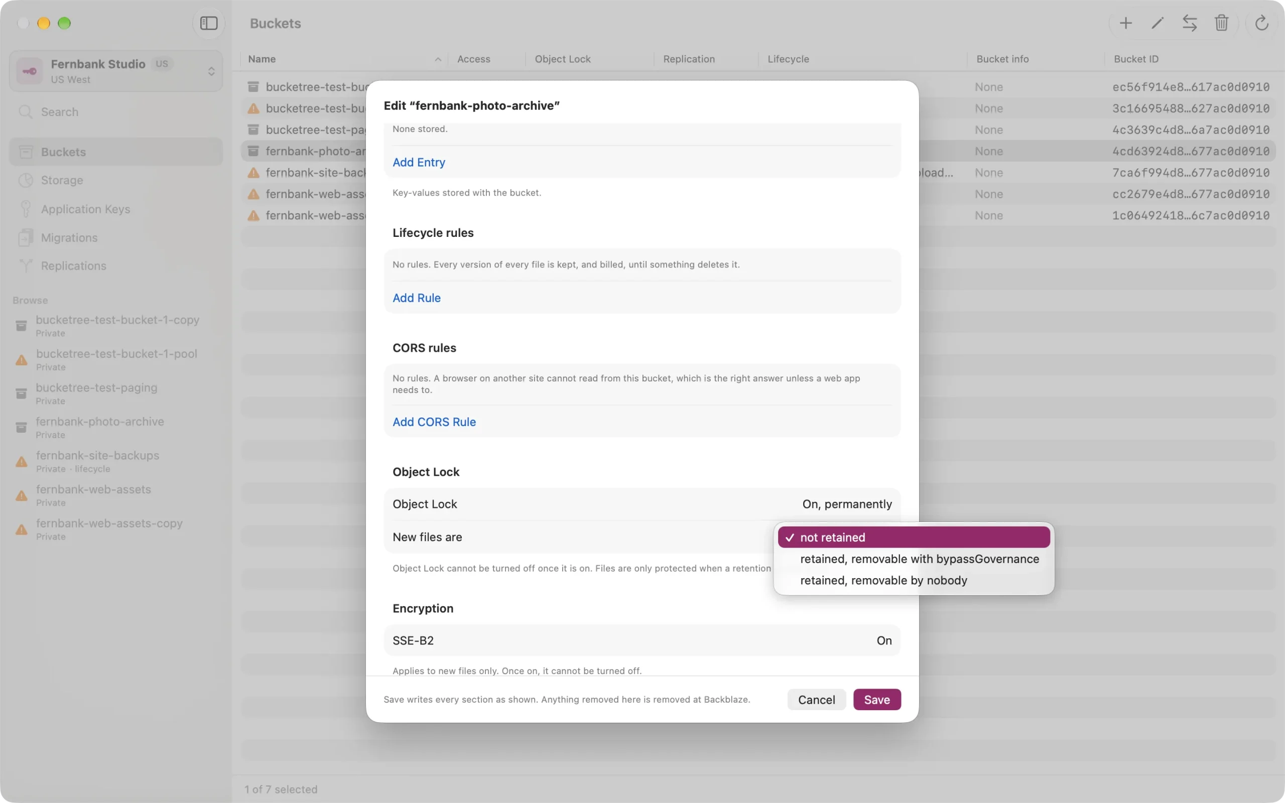 bucketree-object-lock Object Lock settings with default retention in Bucketree