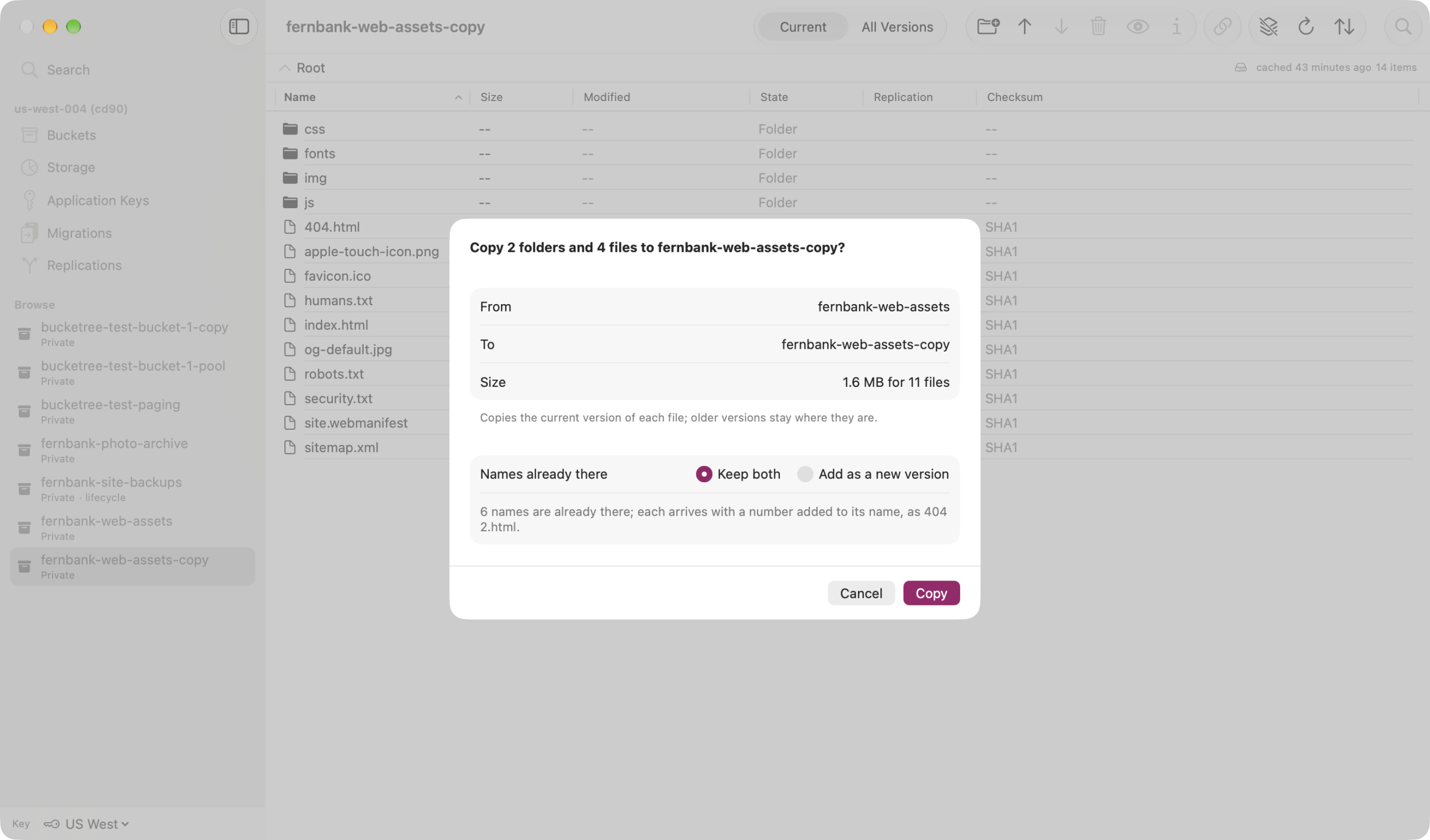 paste-sheet The paste sheet in Bucketree: where the files are going, how many files, versions and bytes, and what happens to names already there.