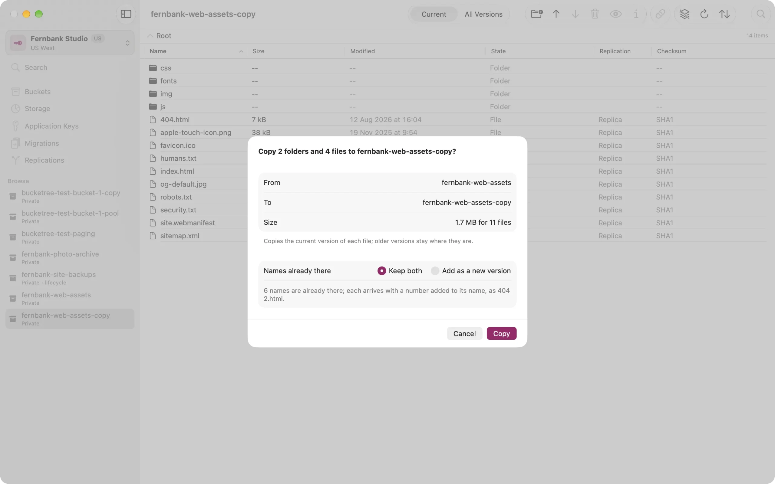 paste-sheet The paste sheet in Bucketree: where the files are going, how many files, versions and bytes, and what happens to names already there.