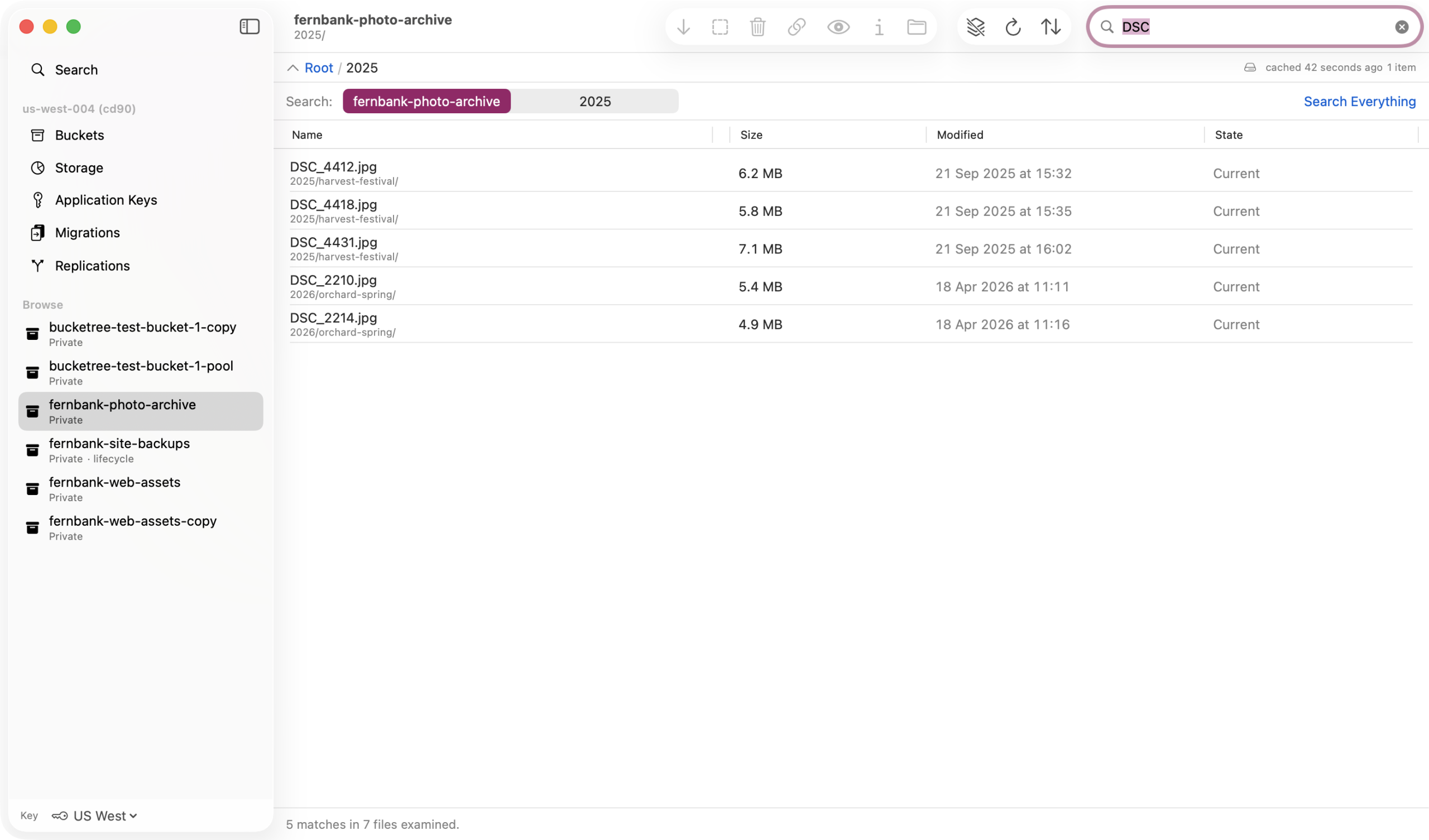 search-in-bucket A bucket after a search: the results replace the listing and a bar above them offers the folder as a narrower scope.