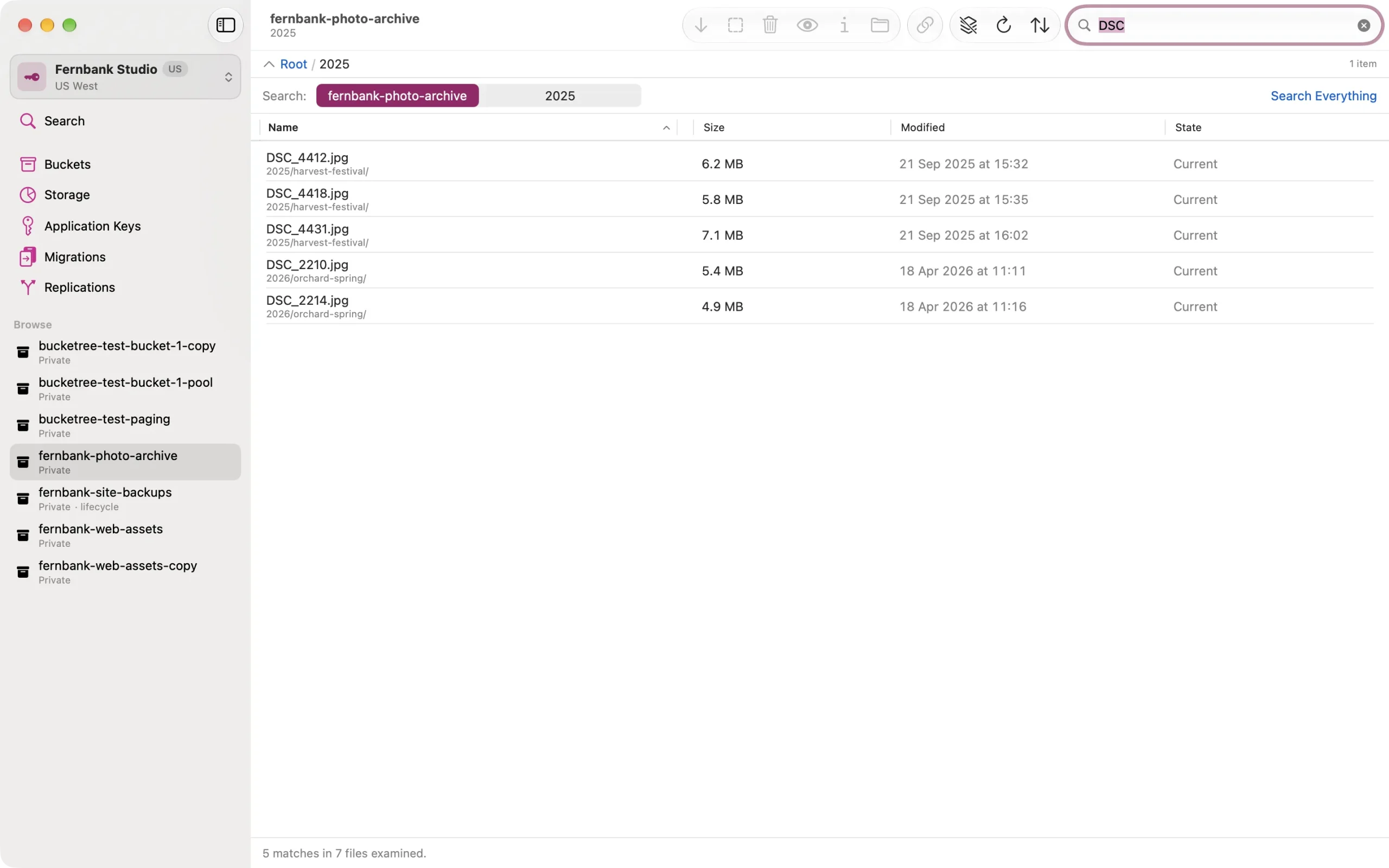 search-in-bucket A bucket after a search: the results replace the listing and a bar above them offers the folder as a narrower scope.