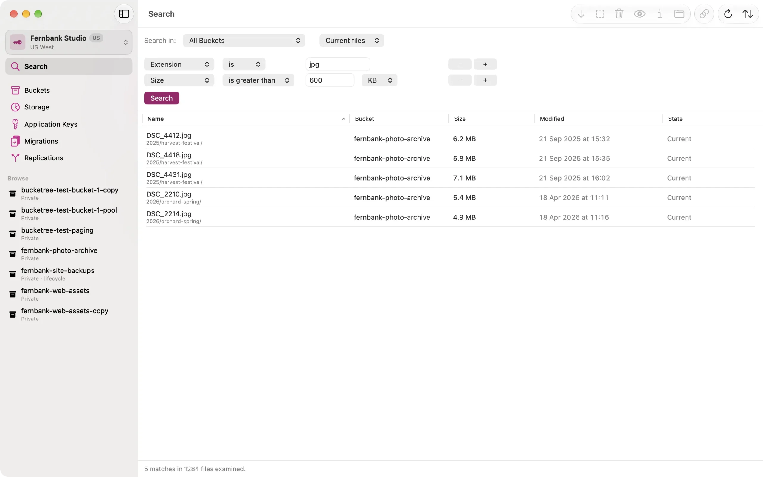 search-pane The Search pane in Bucketree: two conditions, every bucket, and results from more than one of them.